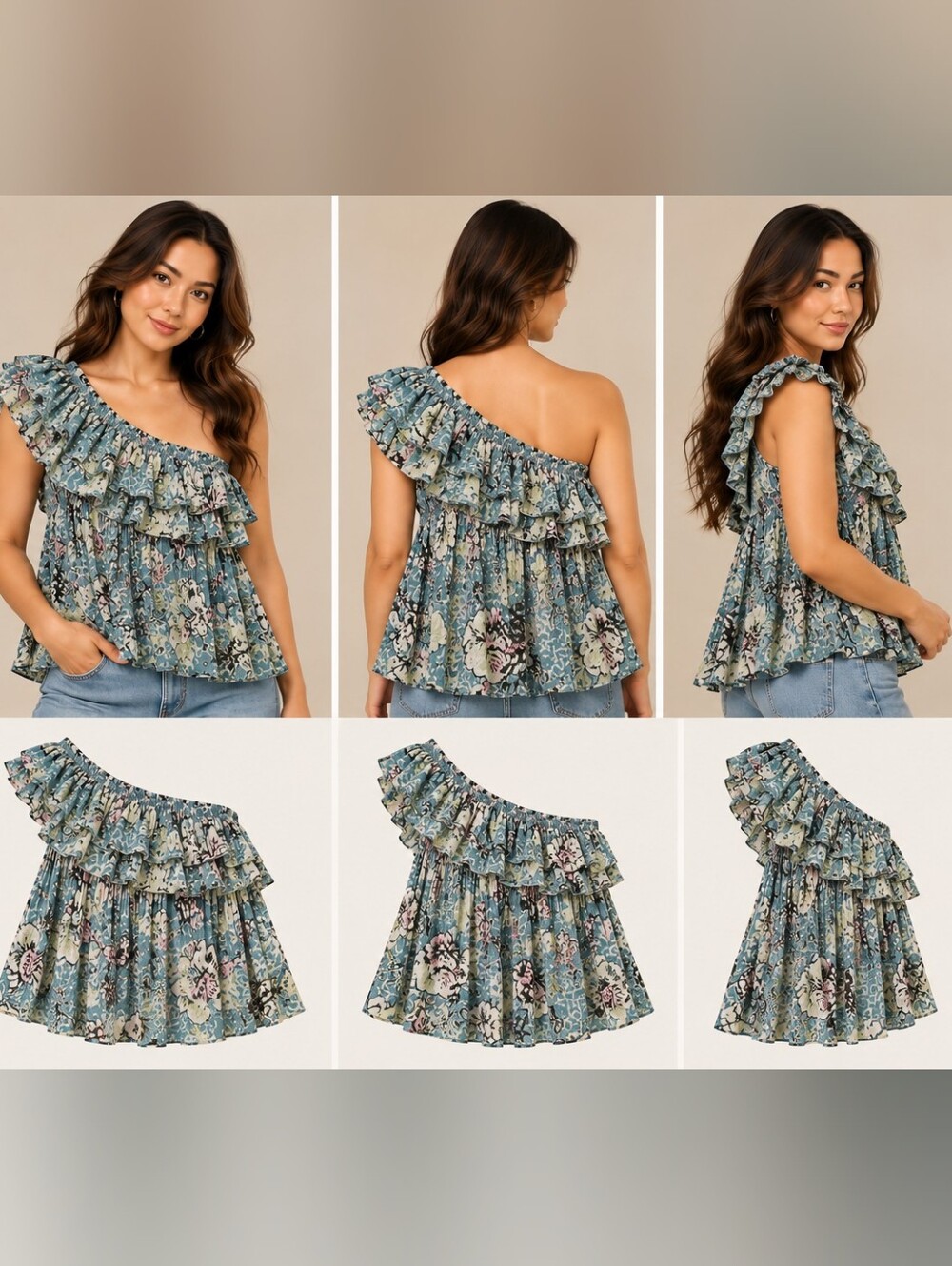 Mystree Teal Floral One-Shoulder Ruffle Blouse